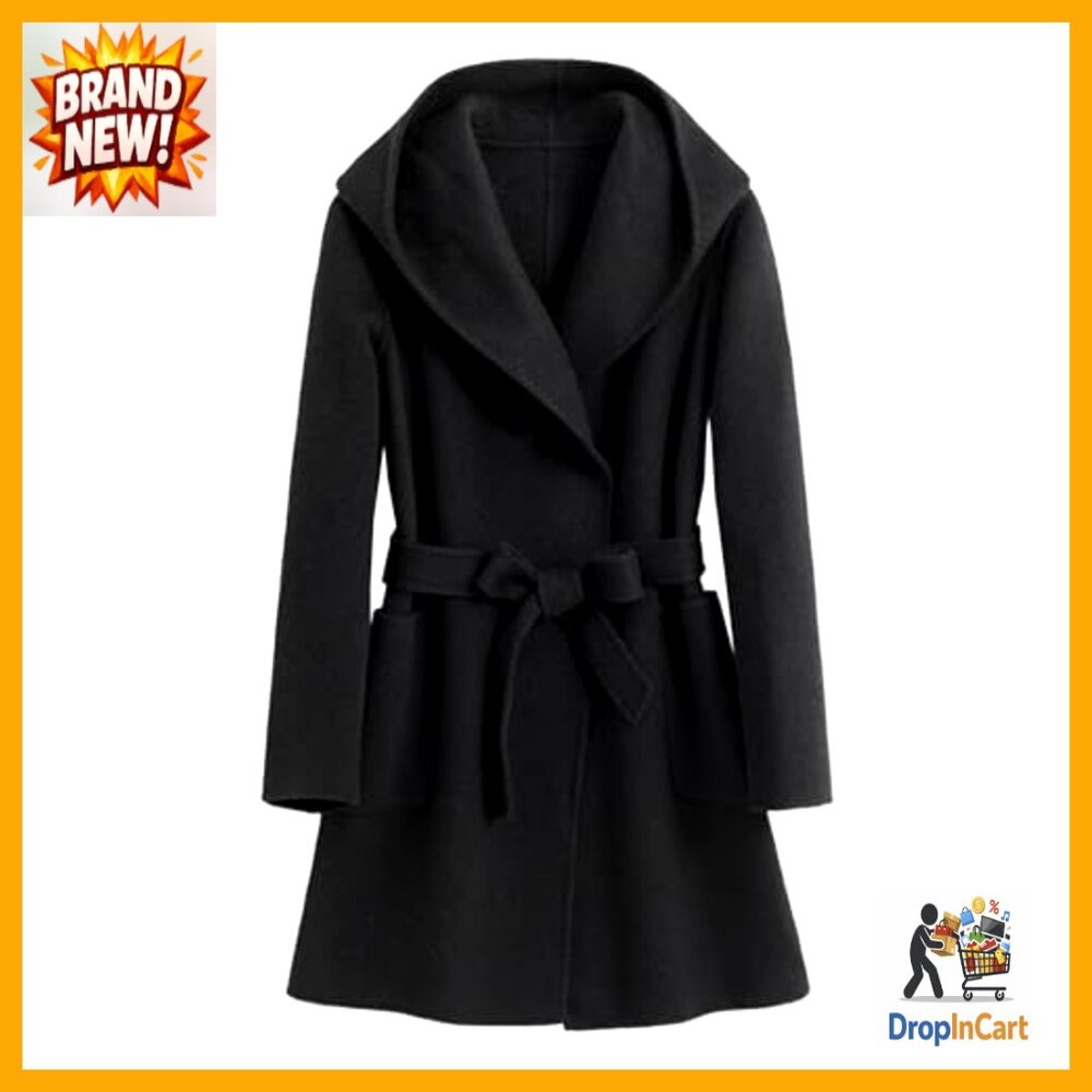 Wool Blend Trench Coat Long Sleeve Open Front Belted Casual Chic Winter Overcoat - Picture 5 of 7